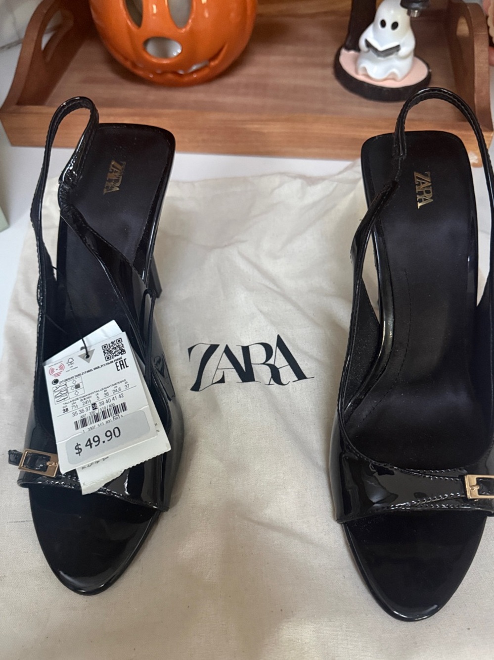 ZARA Black Patent Slingback Heels with Gold Buckle